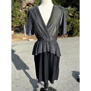 Jr Dressworks small Gray Dress Peplum Short Sleeve V Neck Padded 80's Womens